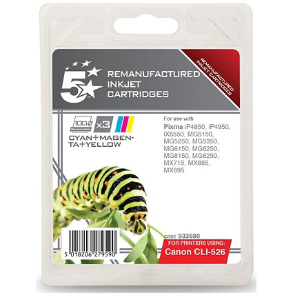 5 Star Compatible - Alternative to Canon CLI-526 Colour Pack - Cyan, Magenta and Yellow (3 Cartridges)