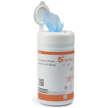 5 Star Probe Disinfectant Wipes, Antibacterial, HMB-free BPR, Low-residue, 130x130mm, Tub of 200 Wipes