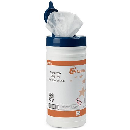 5 Star Medimax Surface Wipes, Antibacterial, 200 x 200mm, Tub of 200 Wipes
