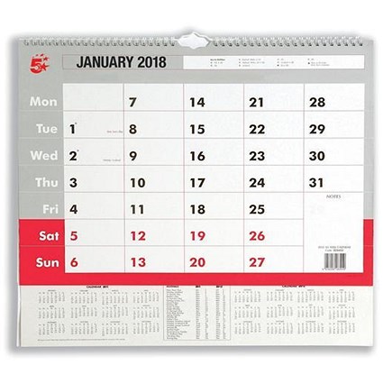 5 Star 2018 Wall Calendar - A3