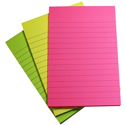 5 Star Extra Sticky Notes, 101x150mm, Assorted Neon Colours, Pack of 3 x 90 Notes
