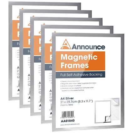 Announce Magnetic Frame, A4, Silver, Pack of 5