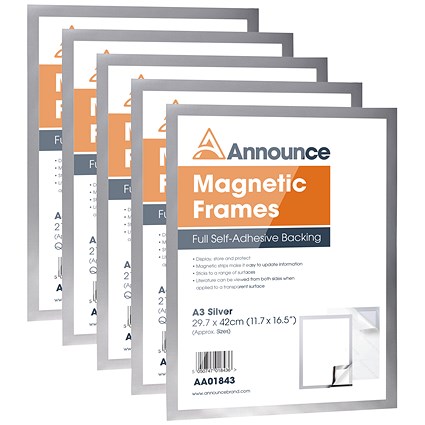 Announce Magnetic Frame, A3, Silver, Pack of 5