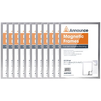 Announce Magnetic Frame, A3, Silver, Pack of 10