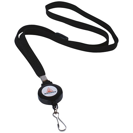 Announce Textile Lanyard with Badge Reel, 440mm, Black, Pack of 10