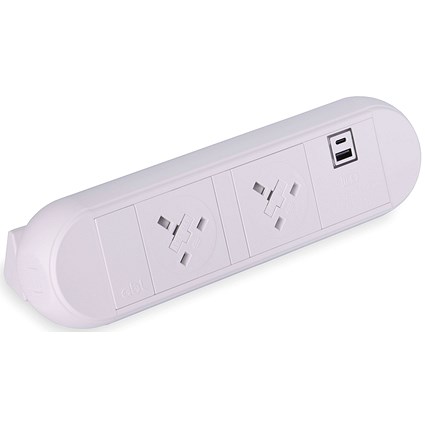On Desk Power Module, 2xUK Socket 1xUSB A+C PD/QC Charger, White