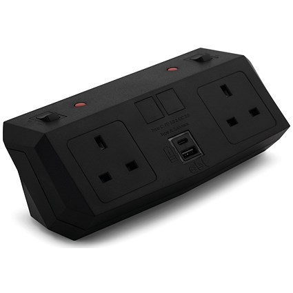 On Desk Power Module, 2xUK Socket Dual USB Port Type A+C PD/QC Charger, Black