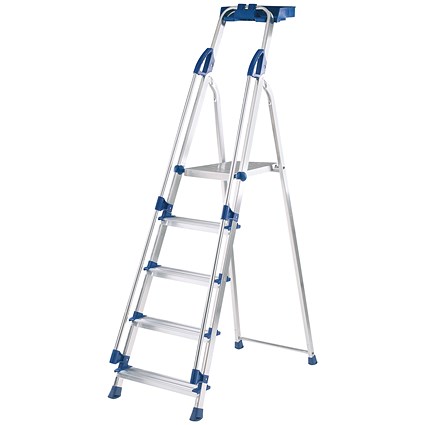 Werner Professional Aluminium Blue Seal Step Ladder, 5 Tread, Silver & Blue