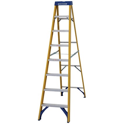 Werner Fibreglass Swingback Step Ladder, 8 Tread, Yellow Werner Fibreglass Swingback Step Ladder, 8 Tread, Yellow