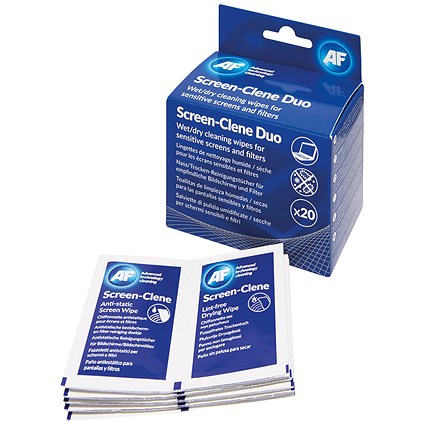 AF Screen-Clene Duo Wet/Dry Cleaning Wipes, Pack of 20