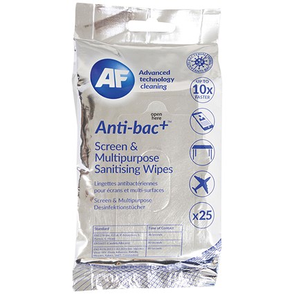 AF Anti-Bac Screen & Multipurpose Sanitising Wipes, Pack of 25