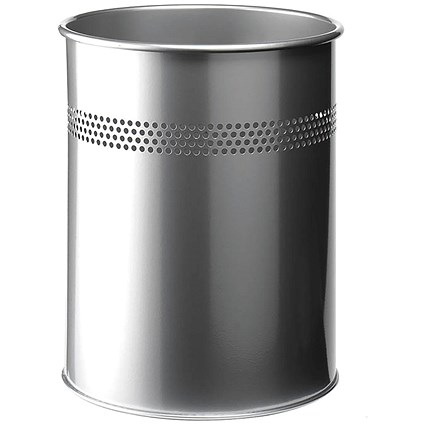 Durable Round Bin, Metal, Perforated, 15 Litres, Metallic Silver