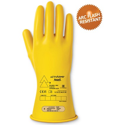 Activarmr Low Volt Electrical Insulating Gloves, Class 00, Size 8 Medium