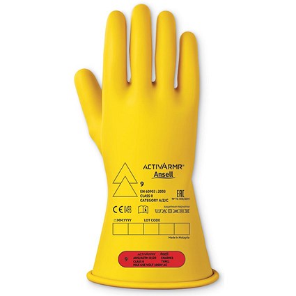 Ansell Low Voltage Electrical Insulating Class 0 11" Gloves, Yellow, Large Ansell Low Voltage Electrical Insulating Class 0 11" Gloves, Yellow, Large