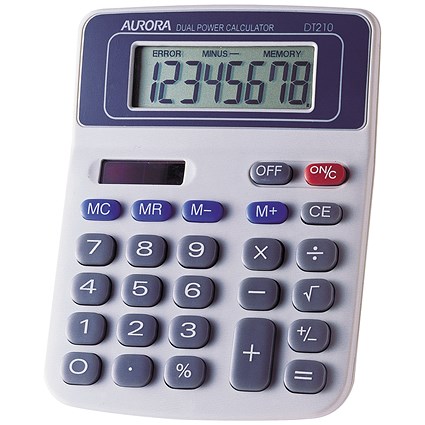 Aurora Semi-Desk Calculator, 8 Digit, Solar and Battery Power, White/Blue