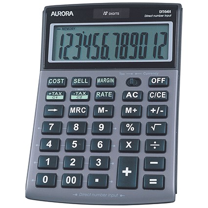 Aurora Semi-desk Calculator, 12 Digit, 3 Key, Battery/Solar Power, Silver
