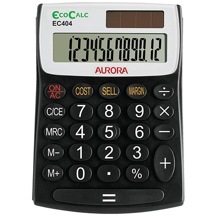 Aurora EcoCalc Desktop Calculator, 12 Digit, Solar Powered, Recycled, Black