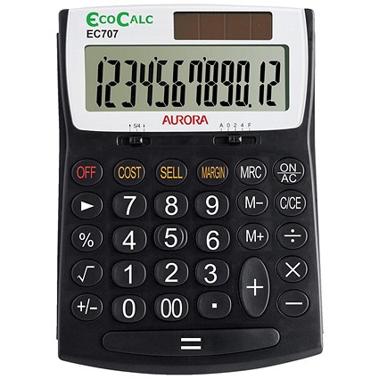 Aurora Desktop Calculator, 12 Digit, Solar Powered, Black /White
