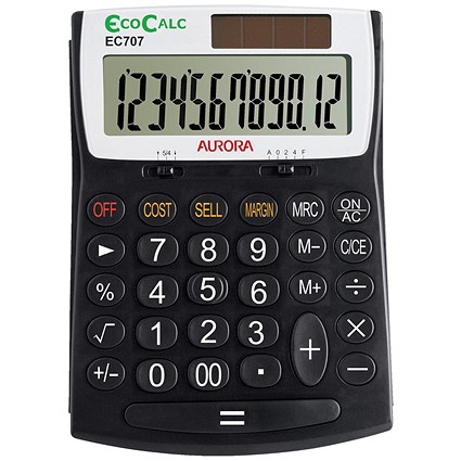 Aurora Desktop Calculator, 12 Digit, Solar Powered, Black /White Aurora Desktop Calculator, 12 Digit, Solar Powered, Black /White