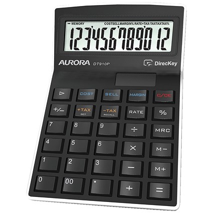 Aurora Semi-desk Calculator, 12 Digit, 3 Key, Battery/Solar Power, Black