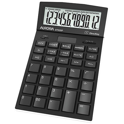 Aurora Desk Calculator, 12 Digit, Solar and Battery Power, Black