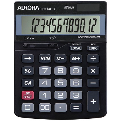 Aurora DT940C Semi Desktop Calculator, 12 Digit, Solar and Battery Power, Black