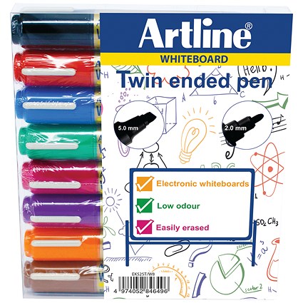Artline 2-in-1 Whiteboard Marker, Bullet/Chisel Tip, Assorted, Pack of 8