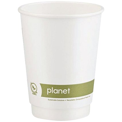 Planet Double Wall Plastic-Free Cups, 341ml, White, Pack of 25