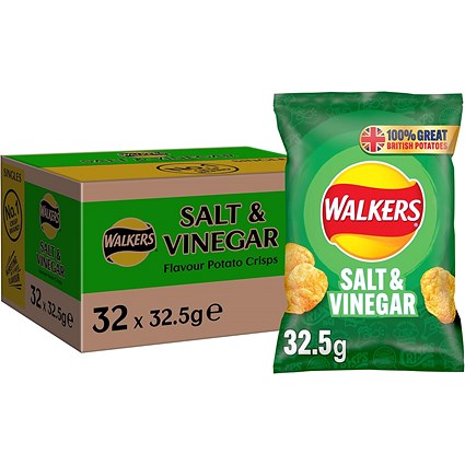 Walkers Salt & Vinegar Crisps, 32.5g, Pack of 32