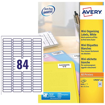 Avery L7656-100 Laser Labels, 84 Per Sheet, 46x11.1mm, White, 8400 Labels