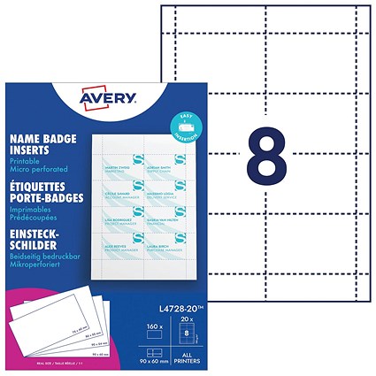 Avery Printable Badge Insert Refill 90x60mm White Pack of 160 L4728-20