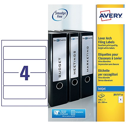 Avery Inkjet Filing Labels for Lever Arch File, 4 per Sheet, 200x60mm, J8171-25, 100 Labels