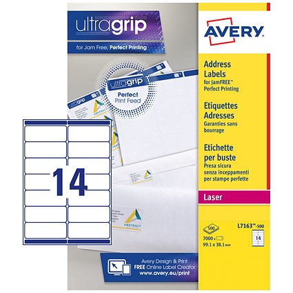 Avery L7163-500 Laser Labels, 14 Per Sheet, 99.1x38.1mm, White,7000 Labels