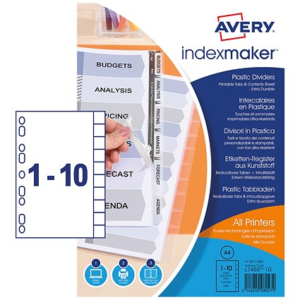 Avery Plastic IndexMaker Dividers, 10-Part, Clear Tabs, A4, White