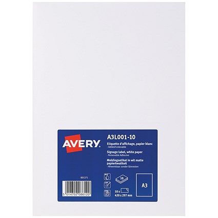Avery Removable Sign, Matt Finish, A3 (Pack of 10)