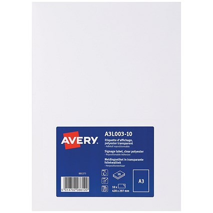 Avery Transparent A3 Sign, Clear (Pack of 10)