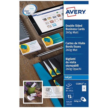 Avery Quick & Clean Inkjet Matt Business Cards, 85mm x 54mm, 8 per Sheet, 260gsm, Pack of 200