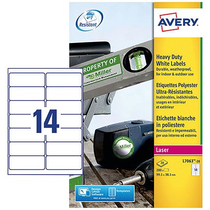 Avery Heavy Duty Laser Labels, 14 per Sheet, 99.1x38.1mm, White, L7063-20, 280 Labels