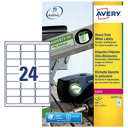 Avery Heavy Duty Laser Labels, 24 per Sheet, 63.5x33.9mm, White, L4773-20, 480 Labels | Paperstone