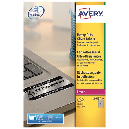 Avery Laser Label Heavy Duty 1 Per Sheet Silver (Pack of 20) L6013-20
