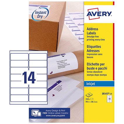 Avery J8163-25 Inkjet Labels, 14 Per Sheet, 99.1x38.1mm, White, 350 Labels