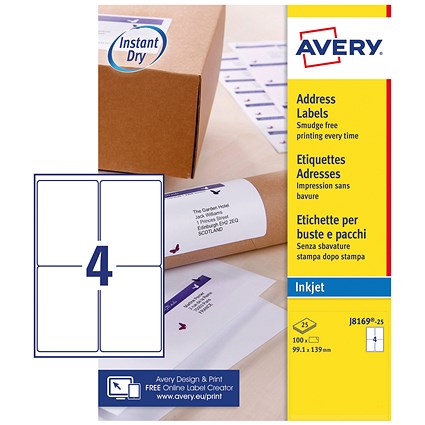Avery J8169-25 Inkjet Labels, 4 Per Sheet, 139 x 99.1mm, White, 100 Labels Avery J8169-25 Inkjet Labels, 4 Per Sheet, 139 x 99.1mm, White, 100 Labels