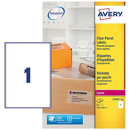 Avery Clear Laser Addressing Labels, 1 per Sheet, A4, 210x297mm, L7567-25, 25 Labels