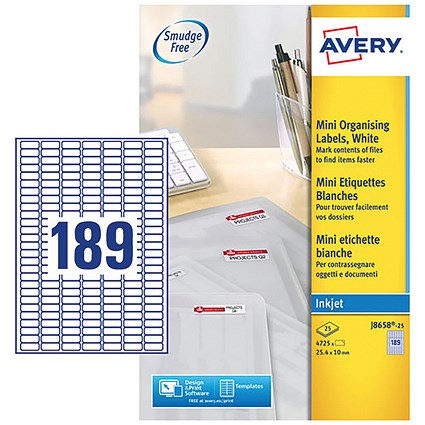 Avery Inkjet Mini Labels, 189 per Sheet, 25.4x10mm, White, J8658REV-25, 4725 Labels