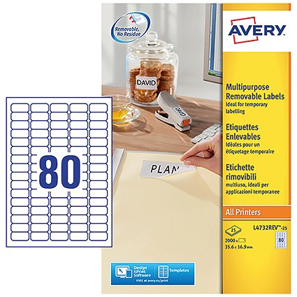Avery L4732REV-25 Laser Labels, 80 Per Sheet, 35.6x16.9mm, White, 2000 Labels