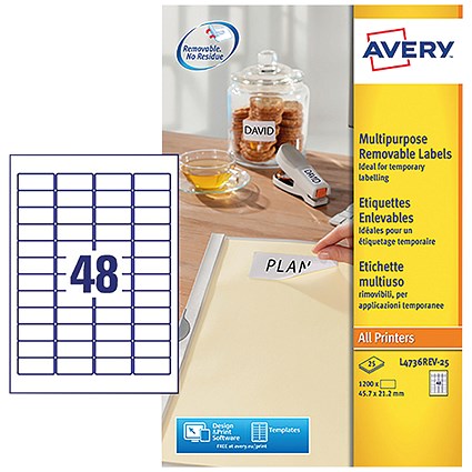 Avery L4736REV-25 Removable Laser Labels, 48 per Sheet, 45.7x21.2mm, White, 1200 Labels