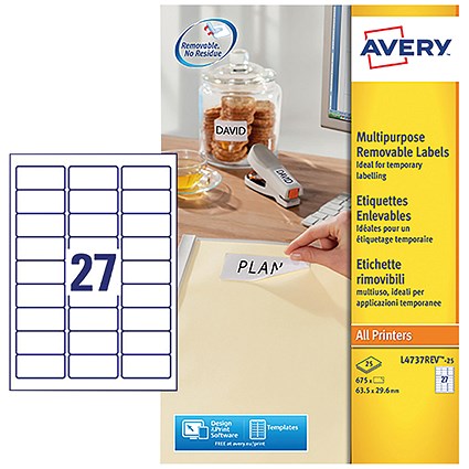 Avery L4737REV-25 Removable Laser Labels, 27 per Sheet, 63.5x29.6mm, White, 675 Labels Avery L4737REV-25 Removable Laser Labels, 27 per Sheet, 63.5x29.6mm, White, 675 Labels