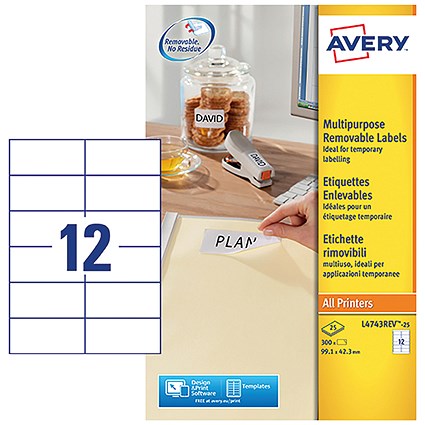 Avery L4743REV-25 Removable Laser Labels, 12 per Sheet, 99.1x42.3mm, White, 300 Labels