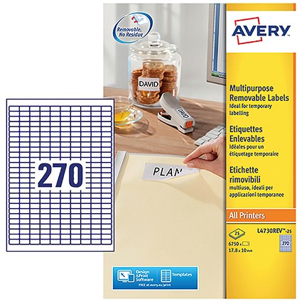 Avery L4730REV-25 Laser Labels, 270 Per Sheet, 17.8 x 10mm, White, 6750 Labels