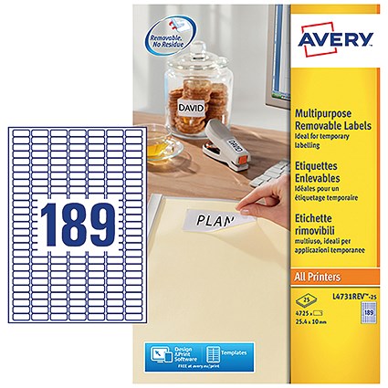 Avery Laser Labels, 189 Per Sheet, 25.4x10mm, White, 4725 Labels